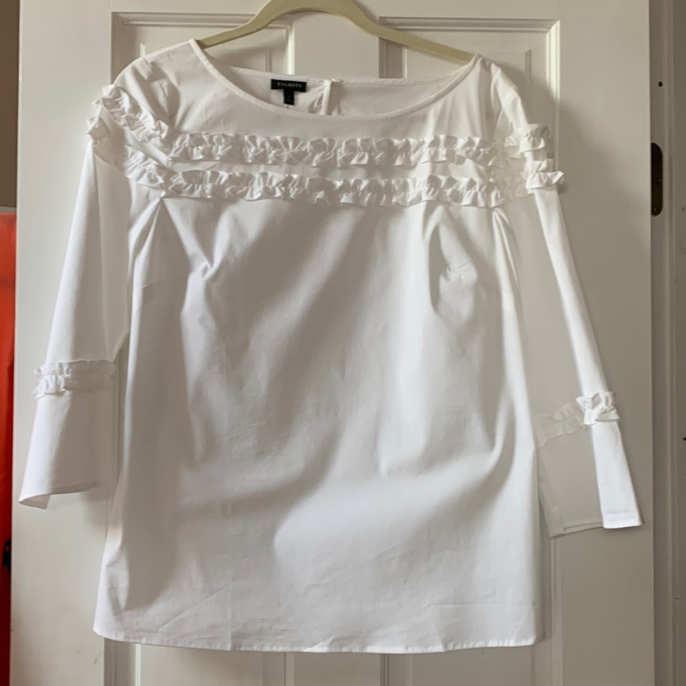 NWT-Talbots white blouse 3/4 sleeves with ruffles in the front and sleeves